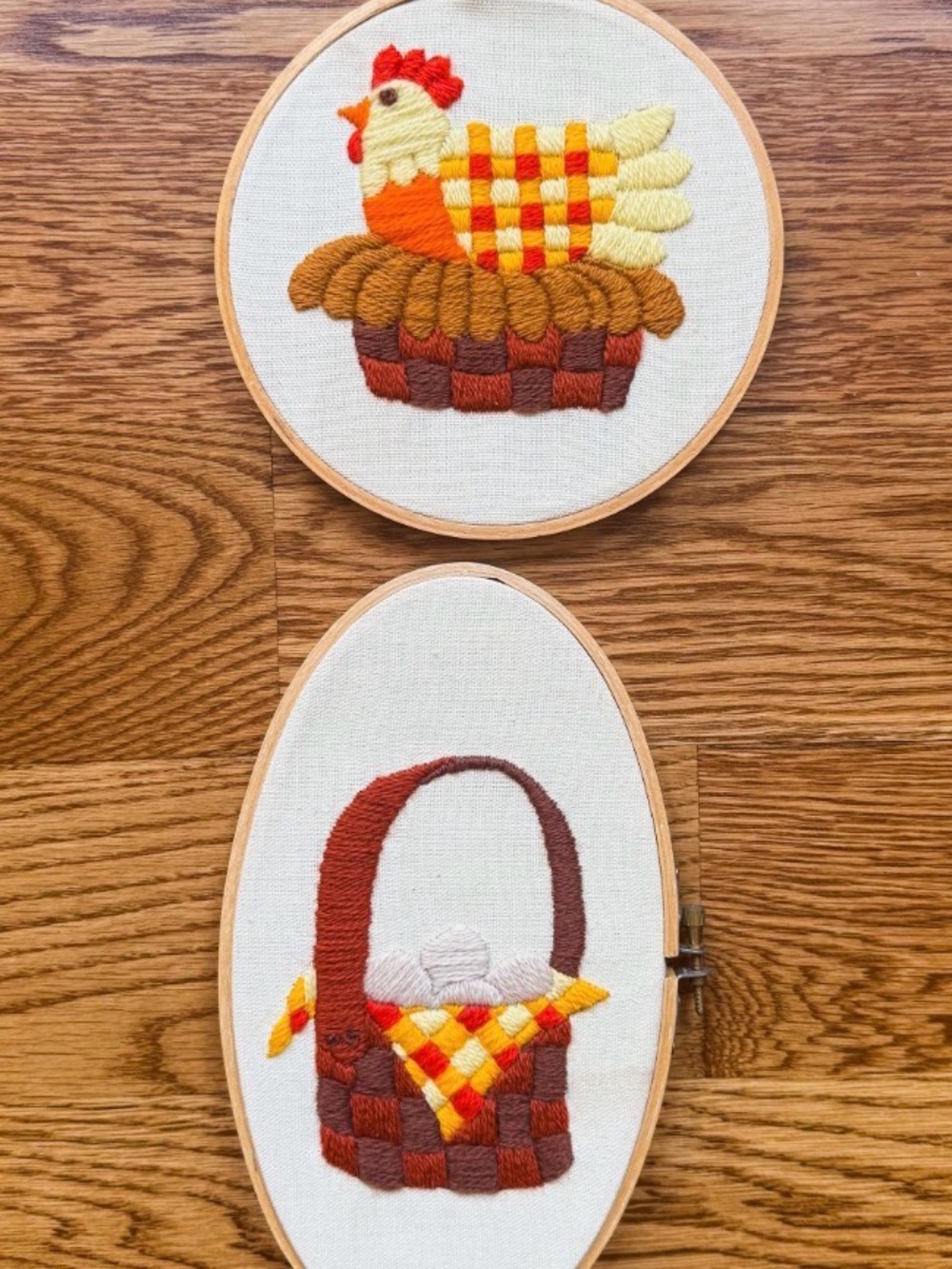 Hand-Embroidered Chicken & Basket Hoop Set - Warm Autumn Colors